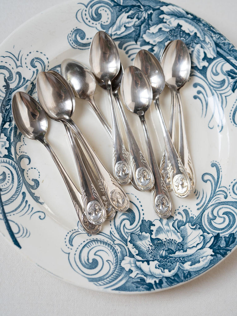 Vintage French Hotel Silver Teaspoons Set, Hotel Silver Plate, Rustic Farmhouse Kitchen, Vintage Floral Silverware, French Silverware, Cameo