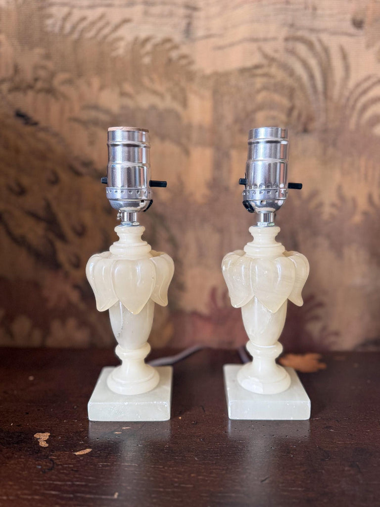 Pair Vintage Alabaster Table Lamps, Candlestick Lamp, Small Table Lamp, Accent Lighting, Bedside Bedroom Lamp, Nightstand Light, Marble Lamp