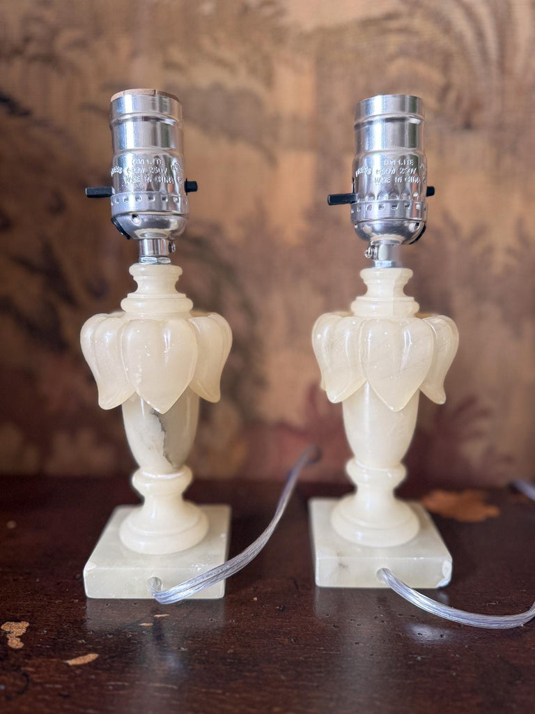 Pair Vintage Alabaster Table Lamps, Candlestick Lamp, Small Table Lamp, Accent Lighting, Bedside Bedroom Lamp, Nightstand Light, Marble Lamp