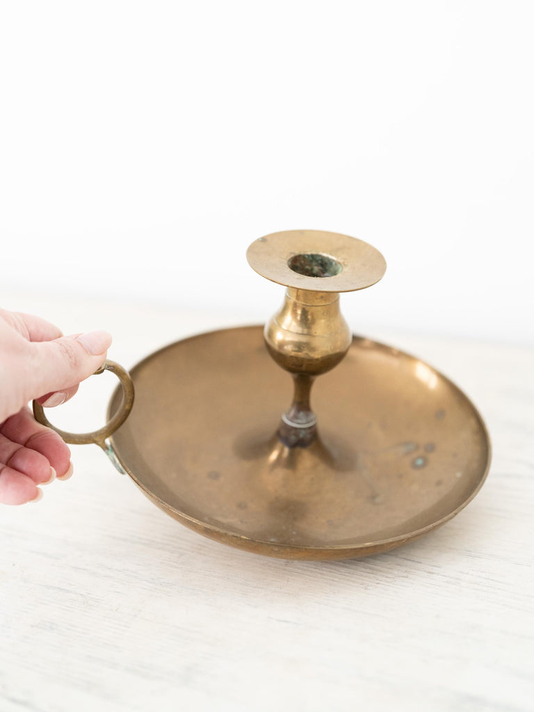 Large Vintage French Brass Chamber Candlestick Holder, Antique Candlestick, Brass Candle Holder, Winter Decorator Candles, Chamberstick