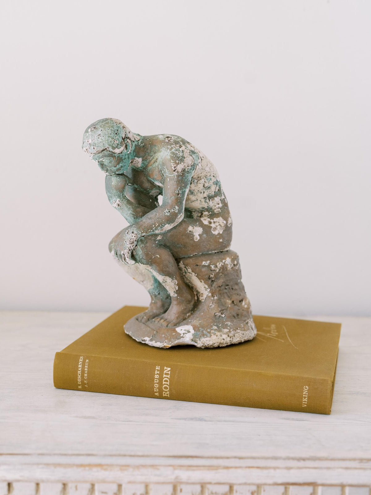 Antique Plaster Rodan Thinker Statue Figurine, Shelf Decor, Decorative Objects, French Country Decor, Rustic Farmhouse, Art Object Sculpture