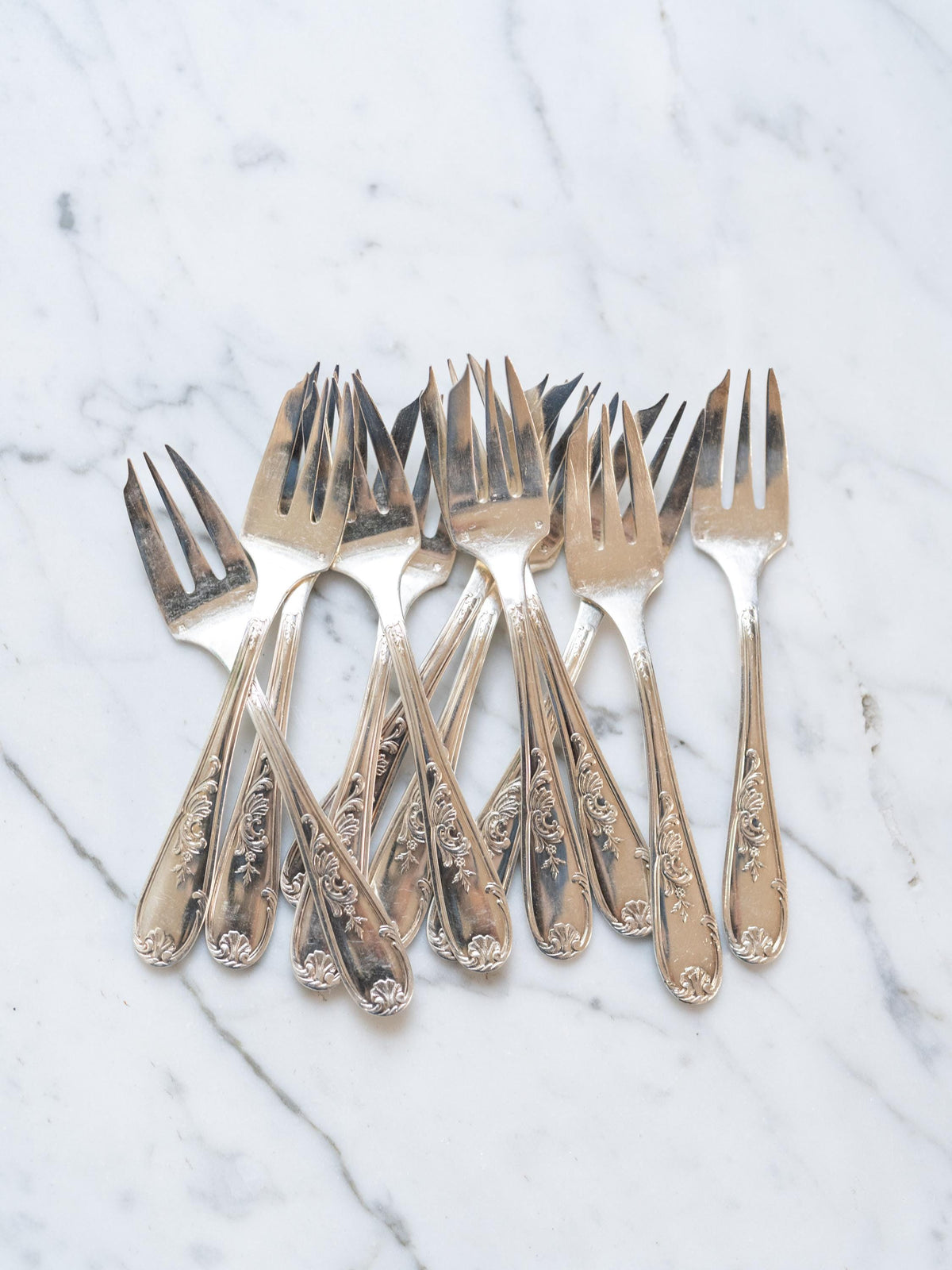 Vintage French Hotel Silver Dessert Cake Forks Set of 12, Hotel Silver Plate, Rustic Farmhouse Kitchen, Vintage Floral Silverware