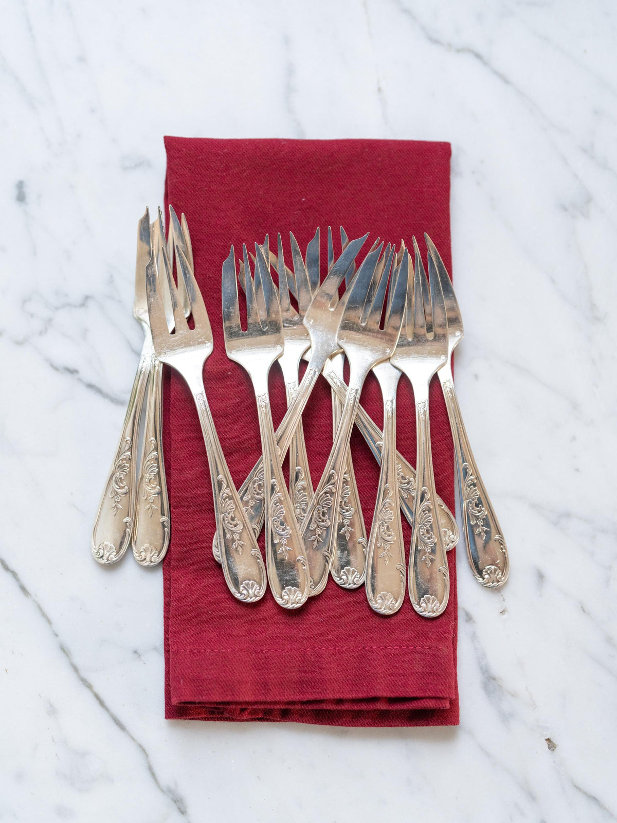 Vintage French Hotel Silver Dessert Cake Forks Set of 12, Hotel Silver Plate, Rustic Farmhouse Kitchen, Vintage Floral Silverware