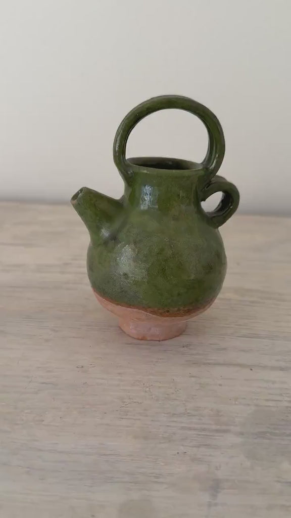 Vintage Petite French Ceramic Confit Pottery, French Country Farmhouse Rustic Decor, Glazed Green Floral Pot Vase, Vintage Oil Jug